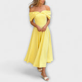Romy - Elegantna maxi obleka z razkritimi rameni in drapiranjem
