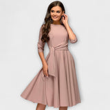 Ana - Elegantna Midi Obleka s Pasom za Zavezovanje