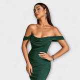 Ione - Bodycon obleka z odprtimi rameni in nabranimi detajli