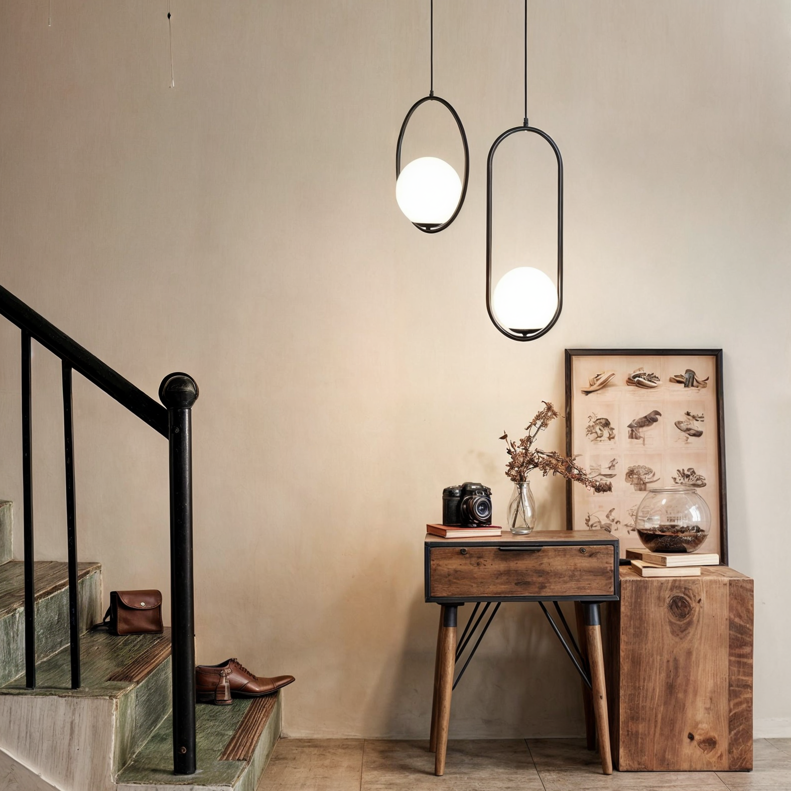 Eleganten nordijski viseči lampa z zlatim telesom in steklenim senčilom, višinsko nastavljiv za plemenito vzdušje